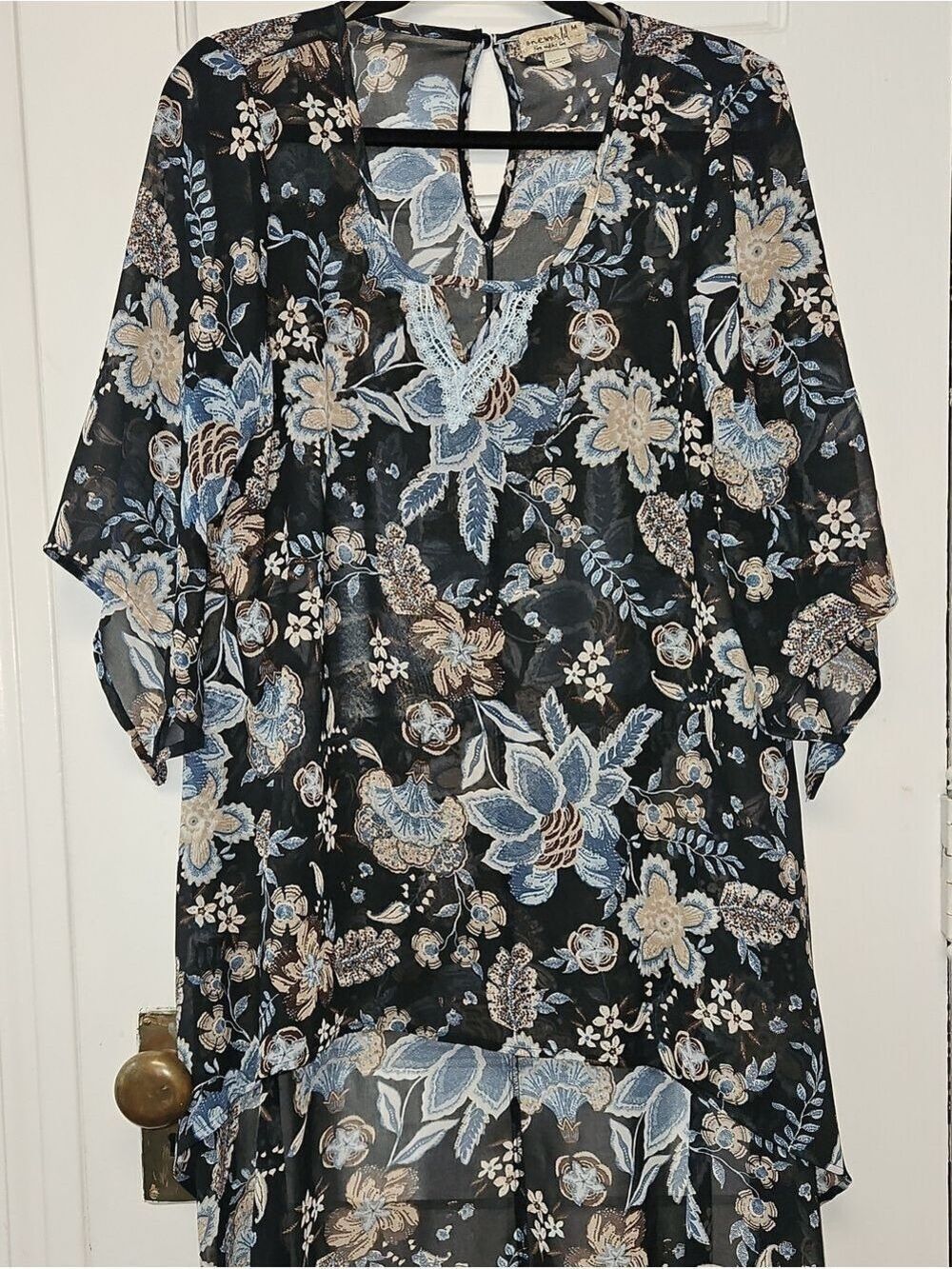 ONE WORLD Navy Floral Blouse with Blue and Cream Paisley